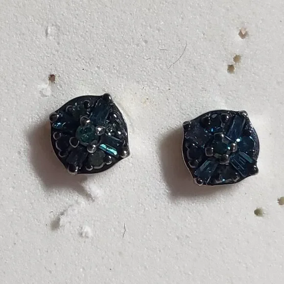 Blue Diamond Platinum/Sterling Silver Stud Earrings - Picture 2 of 7